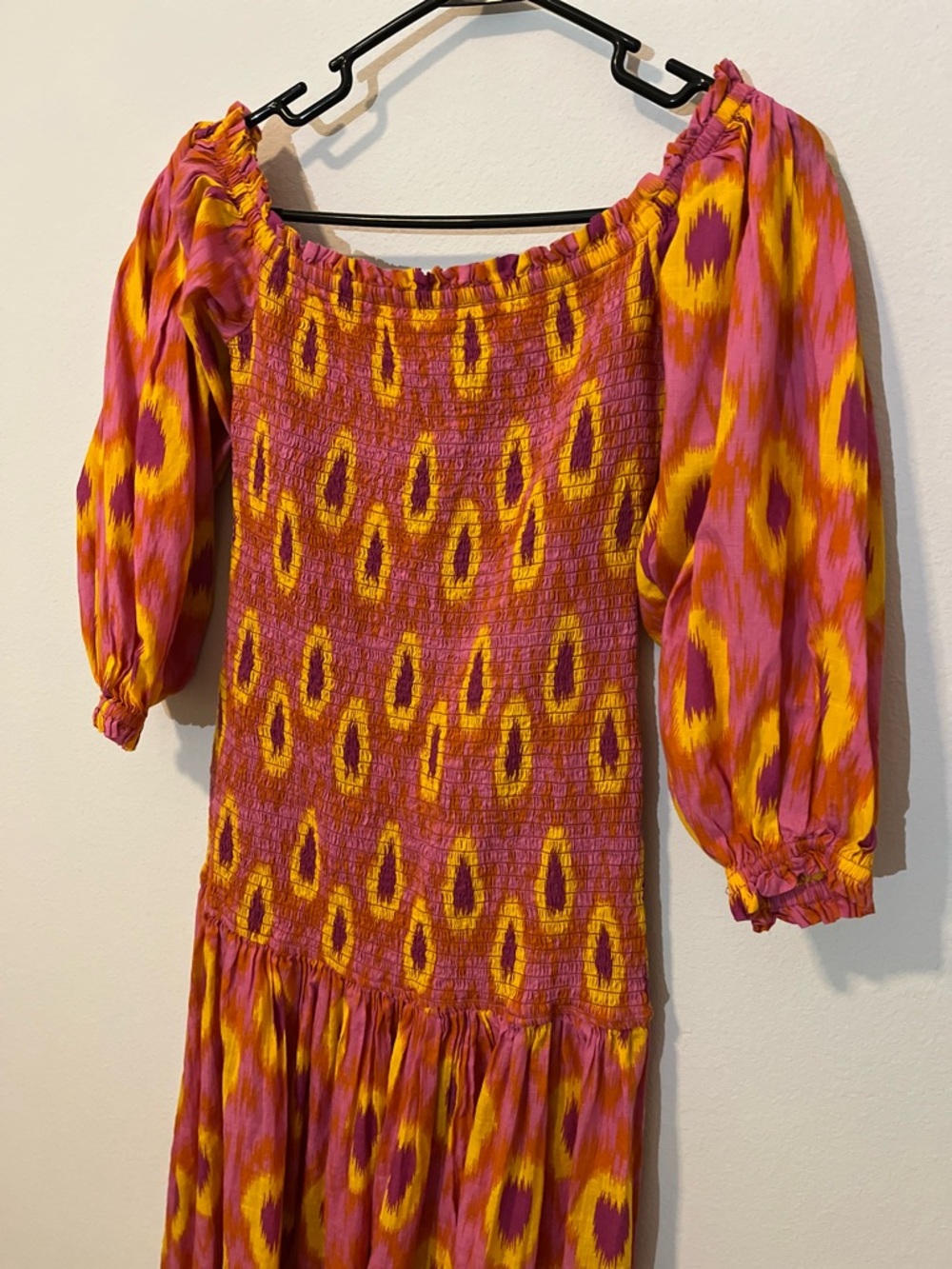 ZARA Vibrant Pink Yellow Printed Off Shoulder Smock Puff Sleeve Maxi Dress Beach - Picture 3 of 8
